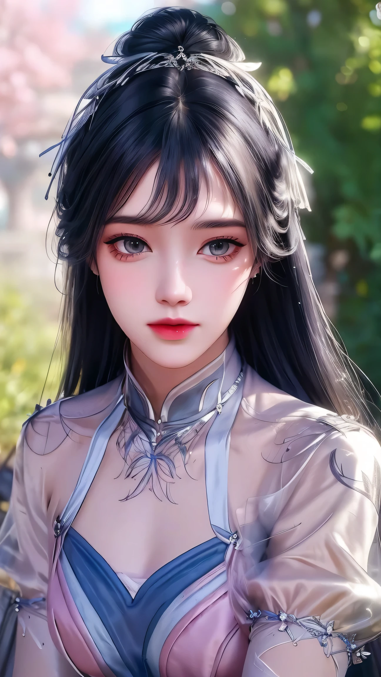 (best quality,ultra-detailed,photorealistic:1.37),vivid colors,studio lighting,beautiful detailed eyes,beautiful detailed lips,extremely detailed eyes and face,long eyelashes,portraits,blue hair,confident expression,feminine,standing in a garden,soft sunlight, scenery,flower blossoms,peaceful atmosphere,artistic touch,textured brushstrokes,subtle color variations,brilliant white highlights,delicate movements,graceful pose,slight breeze,rustling leaves,sophisticated style,professional artwork,female beauty.