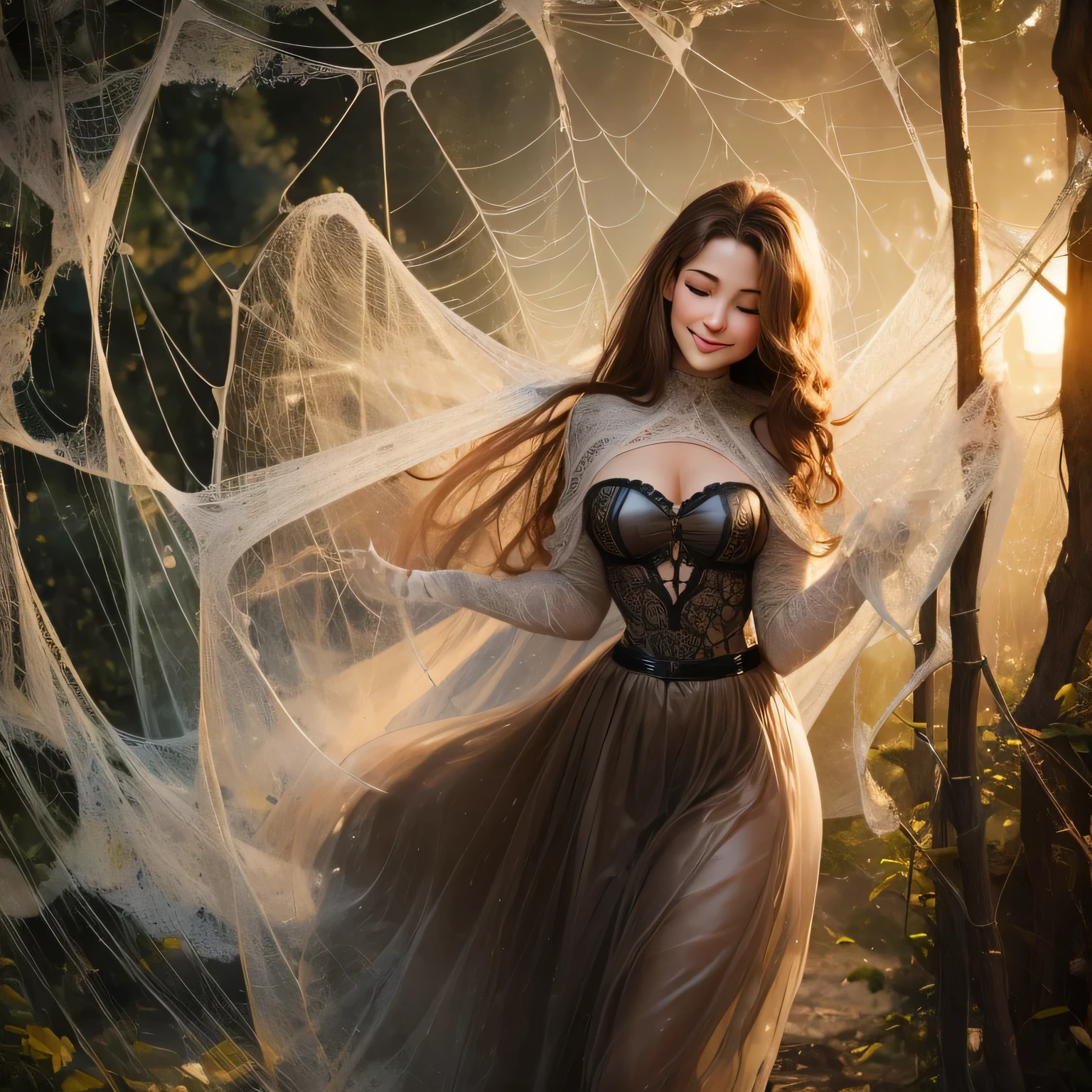 a light brown pinned up haired female who is wearing a very sexy translucent long skirt, black gloves,captured by the spider in the cobweb,flirty smile,sexy look,bound,spider web,cocoon,closed eyes