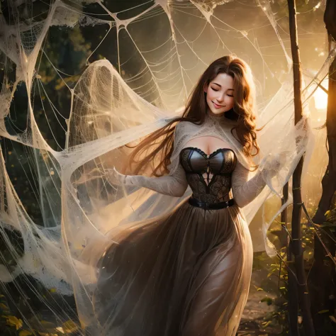 a light brown pinned up haired female who is wearing a very sexy translucent long skirt, black gloves,captured by the spider in ...