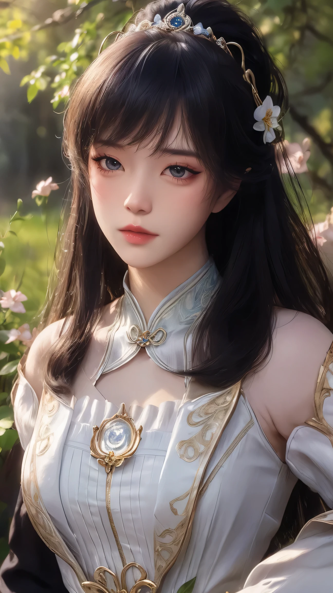 (best quality,ultra-detailed,photorealistic:1.37),vivid colors,studio lighting,beautiful detailed eyes,beautiful detailed lips,extremely detailed eyes and face,long eyelashes,portraits,black hair,confident expression,feminine,standing in a garden,soft sunlight, scenery,flower blossoms,peaceful atmosphere,artistic touch,textured brushstrokes,subtle color variations,brilliant white highlights,delicate movements,graceful pose,slight breeze,rustling leaves,sophisticated style,professional artwork,female beauty.