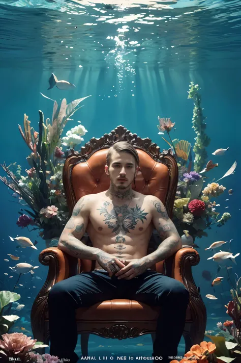 there is a man with tattoos on his body and a flower in his hand, album art, realism art, sitting in his throne underwater, art ...