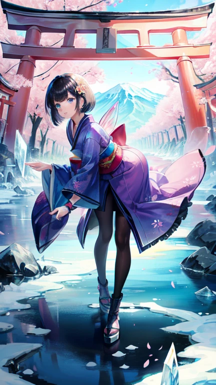 ((masterpiece )), (highest quality), (highest quality), ((Very detailed, 8K quality)), aesthetics, Cinema Lighting, (Detailed line drawing), 
break, 
Absurd, Fairy female, Athlete-like figure, Bent over, ((Put your hands behind your back)), Dynamic Angle, View your viewers, ((Fairyの羽)), (Gothic Kimono), Haneri, pantyhose, Sleeves are longer than the wrist, High heel boots, break, Japanese architecture, Meters. Fuji Mountain, ((torii)), Winter Creek, (surrounded by ice crystals), (Ice Cherry Blossom Garden),
break, 
Very detailed (Fairy), (One girl), Perfect Face, Details, Bob Cut Hair, blue eyes, eyelash, eye shadow, pink eye shadow, A light smile, Design art by Artgerm, Kawashi, By Yoshitaka Amano,
break, 
((Perfect Anatomy)), Nice body, Mid-chest, Very detailed指, The best move, Perfect Face, Beautiful Face, Beautiful Eyes, Perfect Eyes, Perfect Fingers, Correct Anatomy, 