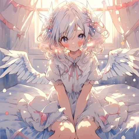 (children's room), cute, moe, ((two angel girls)), calm, (healing), ((playing together)), cute, watercolor, (full body)), (cute ...