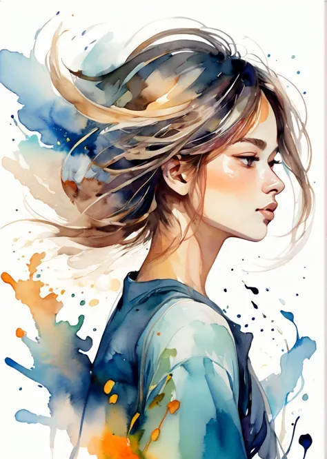Absurd, High resolution, Super detailed, (One girl:1.3), Cute breaking expressive brush strokes, Ink painting, Gradation, , Poet...