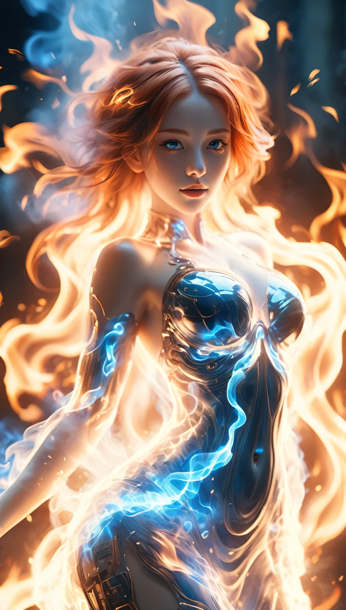 (theelementoffire:1.1),Composed of fire elements,(1个Giant Breast Girl:1.2),on fire,transparency,firey,(Molten rock),Flame skin,Flame print,fiery hair,smokes,​​clouds,Chopping,,A girl wrapped in flames, the flames soar and emit sparks,Burning hands,Translucent luminescence,Highly realistic,Beautiful posture,transparency,Sci-fi light effects,(Light-emitting circuit board:1.6),Long blue,