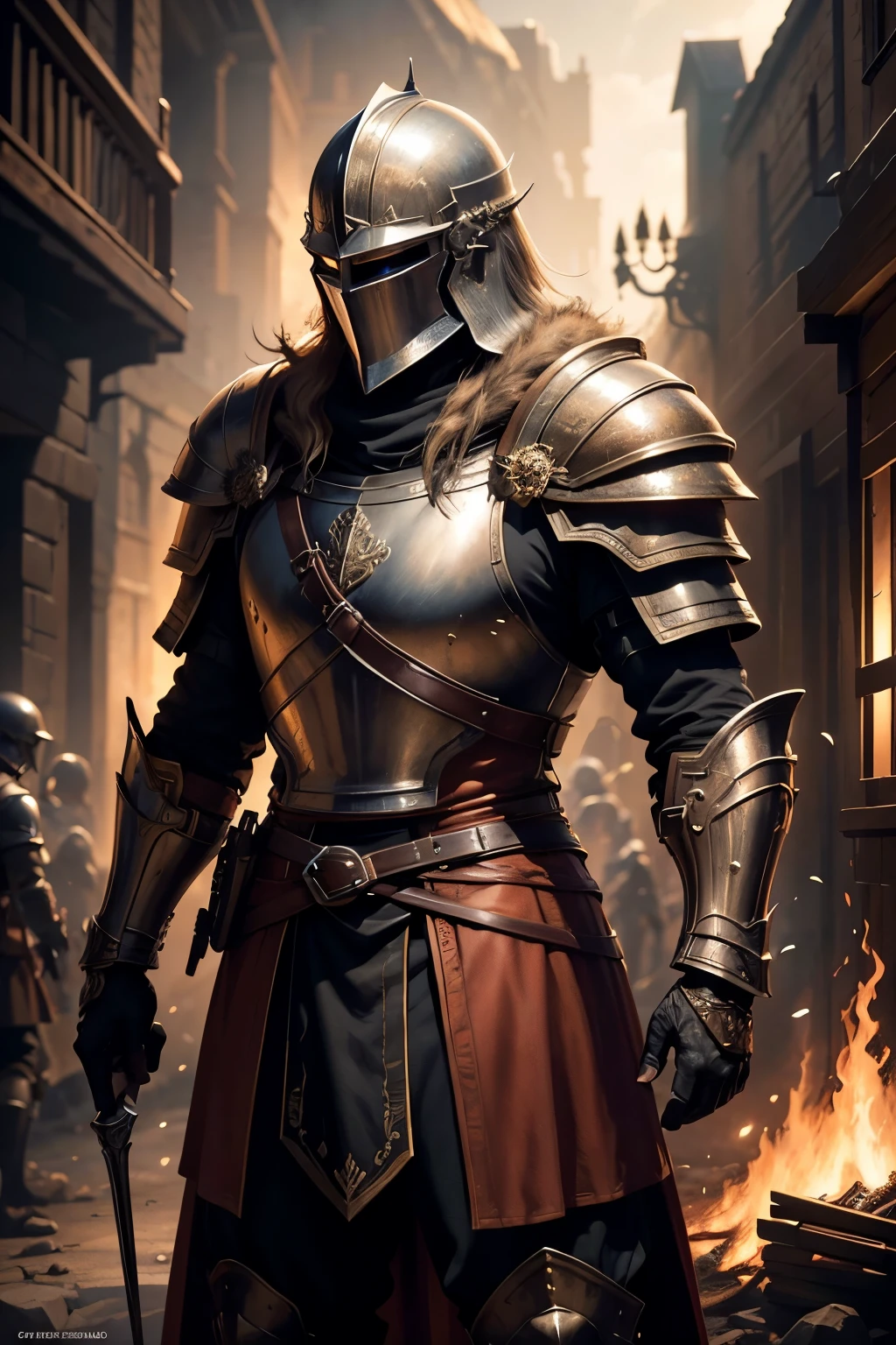 ((Best quality)), ((masterpiece)), ((realistic cartoon)), ((perfect character)): In a fire battlefield, Fighting pose, Man with a crusader helmet,red cape, epic rpg portrait, fantasy male portrait, rpg portrait concept art, male warrior, fantasy concept art portrait, epic portrait illustration, detailed character portrait, a human warrior, large black armor with details, full armor, character dungeons and dragons, detailed hands The scene is set in a thematically rich environment, in flames battlefield the ambiance. The burned houses, crafted with a cinematic touch, casts a spellbinding glow, emphasizing the web network aura surrounding the white hat hacker. Every element of this masterpiece is carefully designed to create a sense of realism and immersion. The mesmerizing effects of his conjurations, and the level of detail in his weathered face all contribute to a captivating visual experience. This artwork is presented in stunning UHD resolution, allowing you to appreciate every nuance and intricacy in breathtaking detail. View from the side, scenic, masterpiece,mtg art,magic the gathering art.