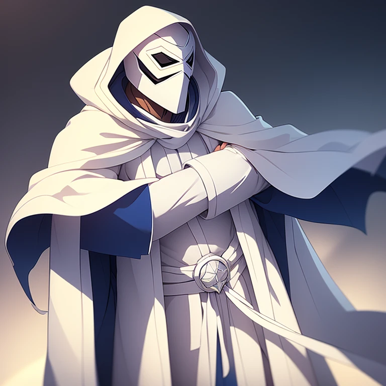 homme mystérieux portant un masque blanc complet avec une cape blanche et les bras cachés
