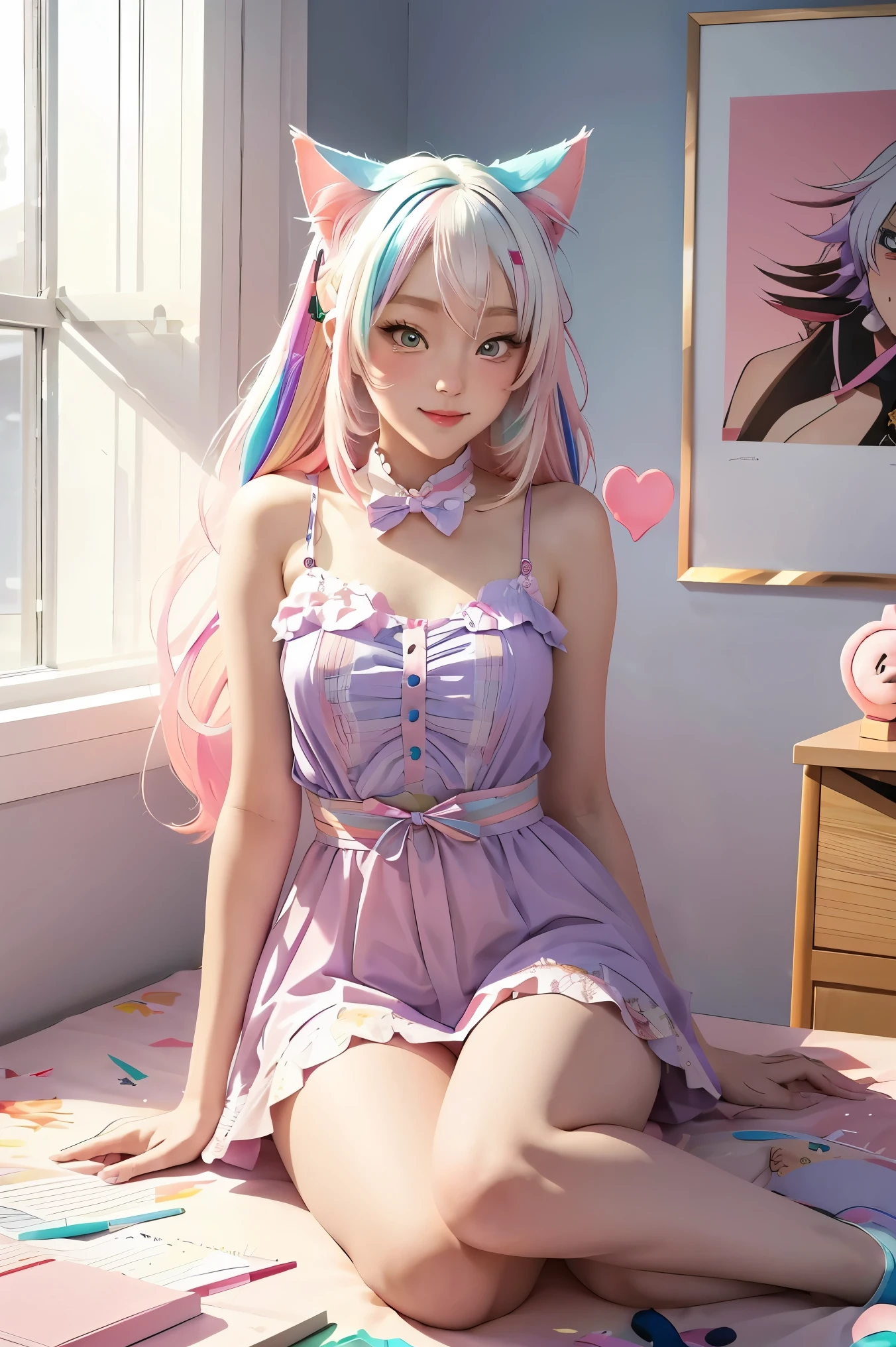 Cheveux colorés et robe colorée dans l&#39;anime ((1 fille aux oreilles de chat)),   Pastel vif, rossdraws dessin animé vif, Style animé 4k, bel animé portrait, artgerme coloré!!!、! Germe d’art de rêve, bel animé, oreille de chat 1fille, art numérique de style anime, fond d&#39;écran animé 4k, fond d&#39;écran animé 4k, art animé numérique, germe d&#39;art très détaillé, ,  Tout le corps, assise dans son bureau, cheveux blancs, vue de face, souriant,