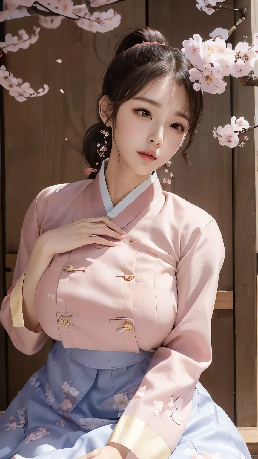 (best quality, 8k, masterpiece: 1.3), ((((((extremely giant breasts: 0.8))))), single ponytail, (beautiful face:1.3), Cherry blossoms are in full bloom, full of cherry blossoms, Floating cherry petals, Gorgeous, authentic Korean hanbok