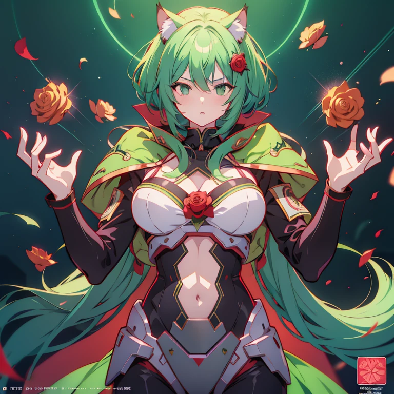 chica anime con cabello verde y top rojo de sostén sosteniendo una rosa , chica anime seductora, estilo ross tran, obra de arte al estilo de guweiz, guweiz, Representar un rostro que emerge de las sombras., portada de revista, arte del cartel, policía robótica, orejas de gato, Rayo laser, toque de vibrante