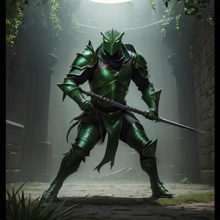 (master piece:1.5), (best quality:1.5), (exquisite lighting and shadow, highly dramatic picture, cinematic lens effect) (Photorealistic picture) (Card game image) 8k, wallpaper, dynamic pose, full body lizard man warrior, wearing a green leather armor, holding a spear, dungeon background, sharp focus, highly detailed, realistic, cinematic lighting, studio quality