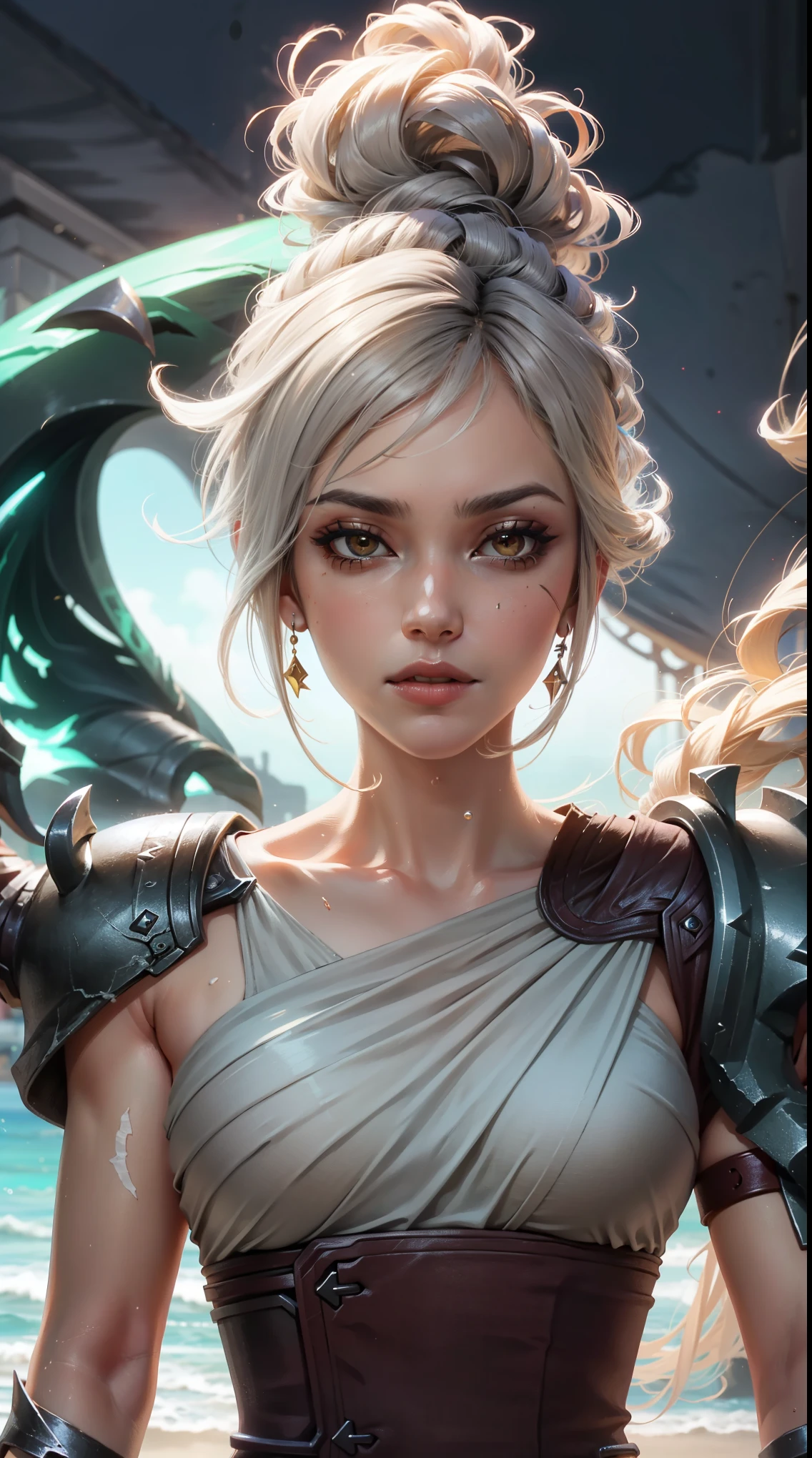 (Obra maestra:1.2), mejor calidad, hendido,  splash art de accion, foto con lente ojos de pez,  \(League of Legends\), 1 chica, cola de caballo doblada, vestido corto, basic set, sola hombrera, pelo blanco, sombra de ojos negra, hombros descubiertos, parte superior del cuerpo, retrato