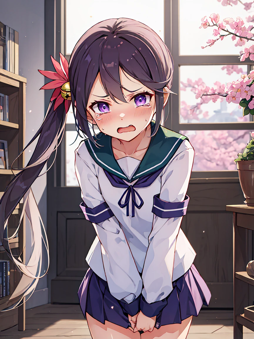 akebono_kantaicollection, purple_hair, long_hair, hair_ornament, side_ponytail, purple_eyes, flower, hair_flower, hair_bell, bell, jingle_bell, serafuku, very_long_hair, school_uniform, skir, (small breasts, little body), (short stature:1.2), 1 little gilr , solo, looking at viewer
BREAK 
(sfw:1.3), have to pee, hand between legs, leaning forward, trembling, 
BREAK
(anger), (crying), (blush), (open your mouth:1.3), wavy mouth
BREAK
official art, best masterpiece, best quality, best resolution, 8K, best detailed, highly detailed hands, highly detailed fingers, very detailed mouth, perfect anatomy
BREAK
(door, workroom), dust, dust, light particles, very fine and detailed 16KCG wallpapers