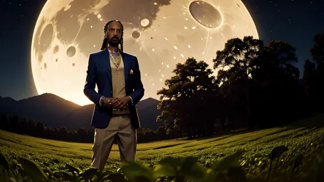 snoop dogg smoking a blunt on a weed plantation, outdoors, night time, moon, masterpiece