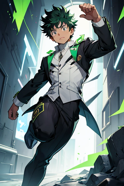 O traje para Izuku Midoriya com o Omnitrix consiste em um traje justo de cor verde escura com detalhes em preto e branco. O terno&#39;O design é inspirado no visual do Omnitrix, com um padrão de linhas pretas e brancas em forma de esferas espalhadas pelo tecido.

O peito do traje tem uma placa de metal cinza-prateada com o símbolo do Omnitrix gravado nela. , Além do mais, O terno has metal protectors on the elbows and knees, Bem como uma viseira transparente que cobre o design de Izuku&#39;olhos,