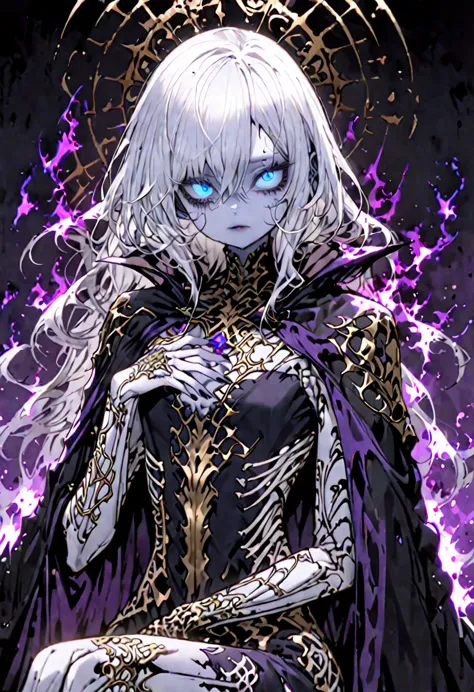 solo, female, pose, blue empty glowing void eyes, long messy white hair, very pale skin:1.3, flat chest, slim, bored, tattered r...