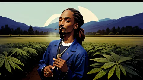 snoop dogg smoking a blunt on a weed plantation, outdoors, night time, moon, normal size moon, masterpiece