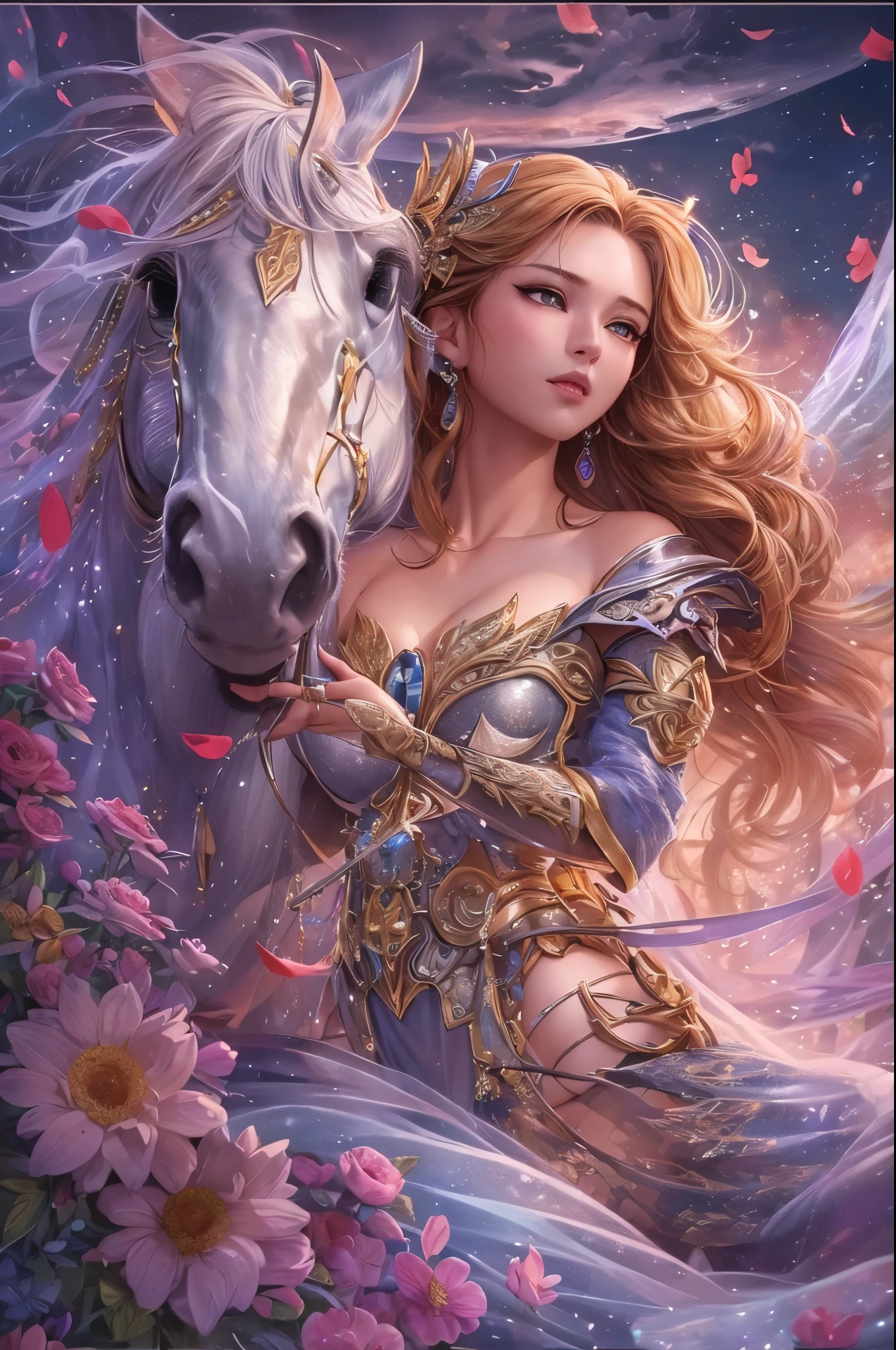 ((highest quality)),(Ultra-high resolution),(Very detailed),(Detailed Description),((The best CG)),(A masterpiece),Ultra-detailed art,Amazing drawing art,(Art with exquisite detail:1.5), (A woman in glittering armor:1.4), Milky Way