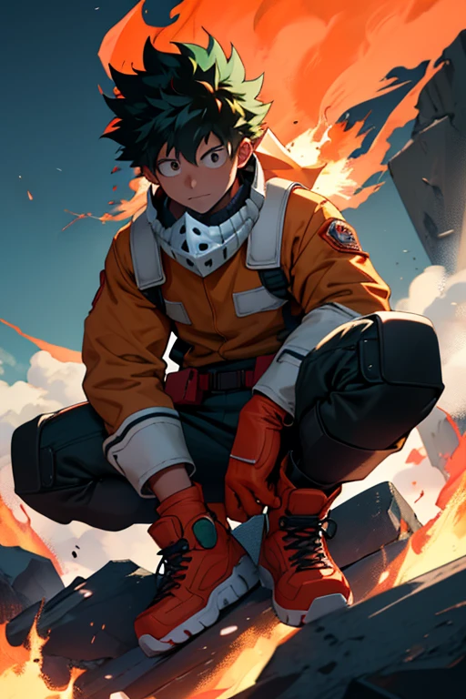 Izuku Midoriya&#39;O traje relacionado a incêndio pode incluir os seguintes elementos:

- Um fato vermelho justo com detalhes laranja e amarelo que simulam chamas.
- Um cinto com fivela em forma de chama.
- Luvas e botas resistentes ao fogo para protegê-lo em caso de explosão.
- Um capacete com viseira transparente para proteger o rosto do calor.
- Um emblema em forma de chama no peito que simboliza a sua ligação com o fogo.
- Incorporar tecnologia que permite controlar e manipular o fogo com segurança e eficácia, como lança-chamas embutidos em suas luvas.
- Detalhes de design que refletem a sua personalidade e as suas habilidades como herói em treinamento.