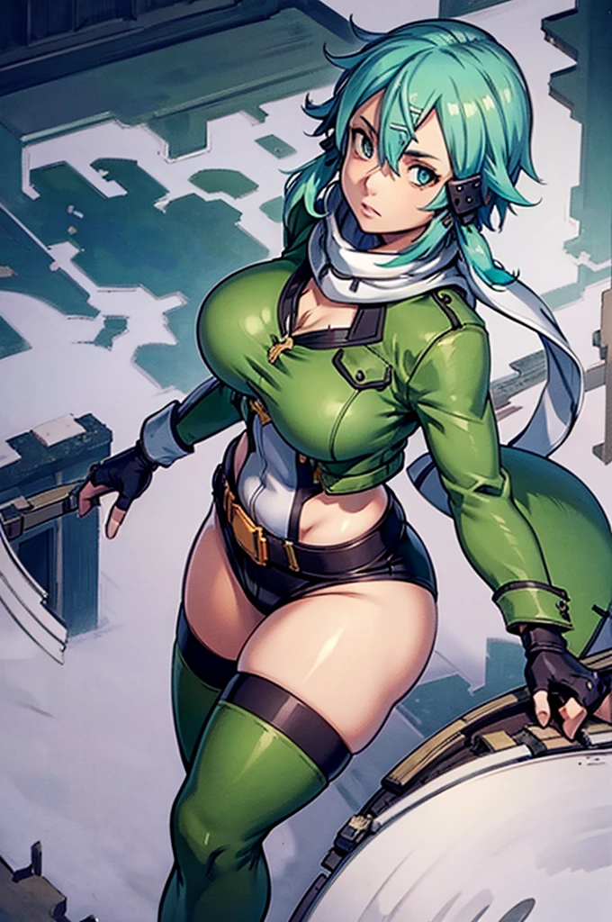 (masterpiece), best quality, expressive eyes, perfect face, highres, sinon1, scarf, fingerless gloves, long sleeves, short shorts, hair ornament, hairclip, green thighhighs, green jacket, thigh strap, field, ruins background, ruined structures, standing, portrait, looking at the viewer, (overhead view:2), thick thighs, wide hips, massive fat round ass, massive breasts,