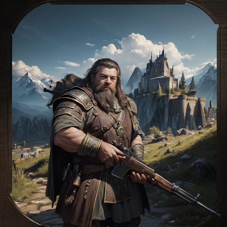 (master piece:1.5), (best quality:1.5), (exquisite lighting and shadow, highly dramatic picture, cinematic lens effect) (Photorealistic picture) (Card game image) 8k, wallpaper, dynamic pose, a dwarf warrior, holding a shotgun, big mountain behind, castle in mountain background, highly detailed, realistic, cinematic lighting, studio quality
