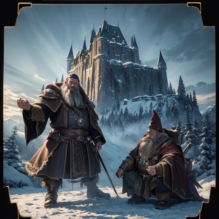 (master piece:1.5), (best quality:1.5), (exquisite lighting and shadow, highly dramatic picture, cinematic lens effect) (Photorealistic picture) (Card game image) 8k, wallpaper, dynamic pose, a dwarf wizard, big mountain behind, castle in mountain background, highly detailed, realistic, cinematic lighting, studio quality
