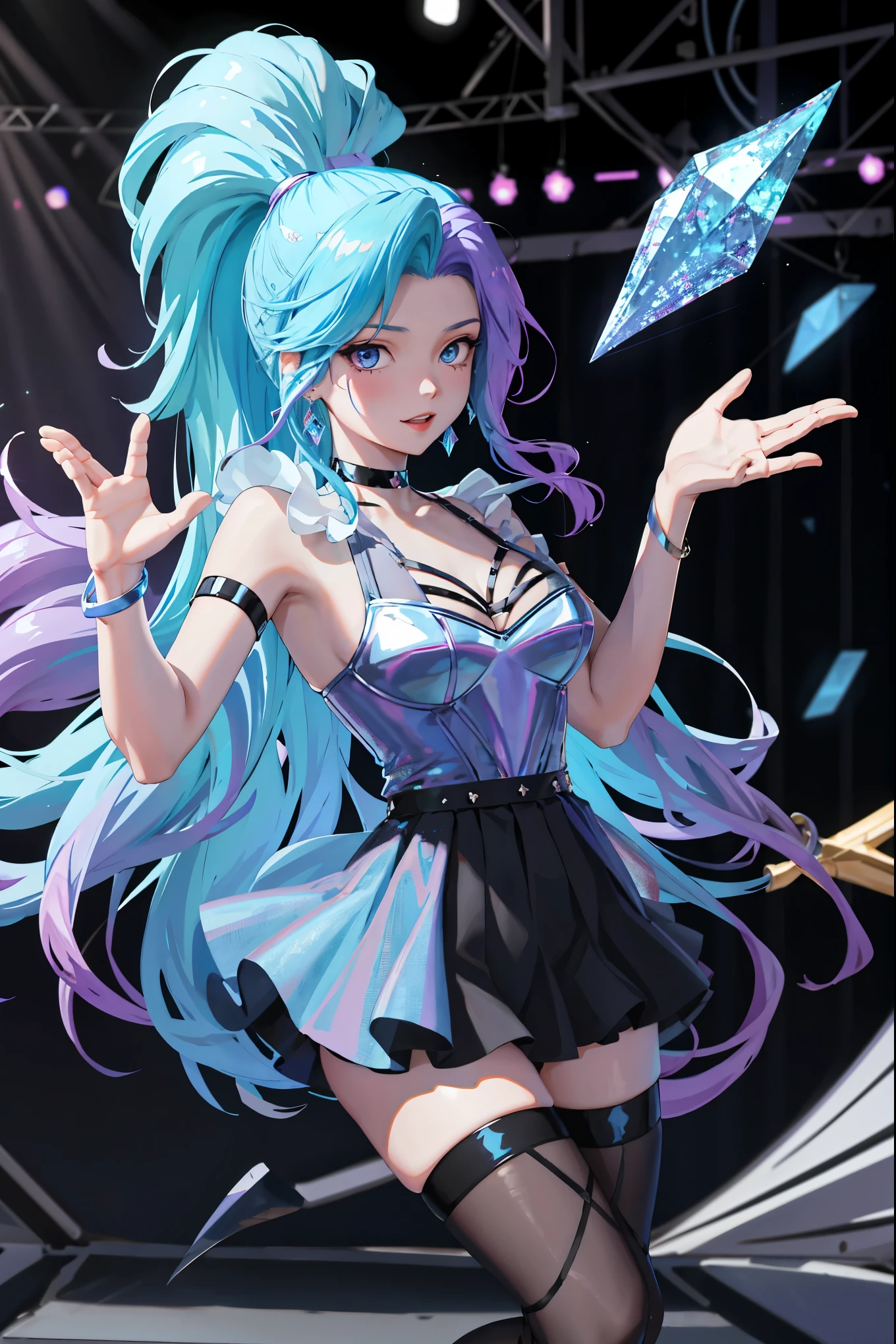 masterpiece, best quality, highres, seraphine1, 1girl, solo, blue hair, k/da \(league of legends\), very long hair, multicolored hair, jewelry, ponytail, blue eyes, earrings, dress, black choker, two-tone hair, purple hair, black thighhighs, bracelet, black skirt, crystal, large breasts, on the stage, waving