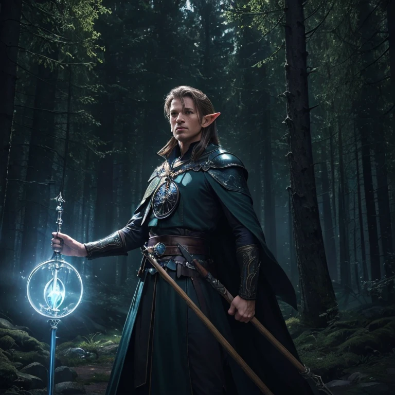 (master piece:1.5), (best quality:1.5), (exquisite lighting and shadow, highly dramatic picture, cinematic lens effect) (Photorealistic picture) (Card game image) 8k, wallpaper, dynamic pose, an elf wizard holding a large staff, blue magic behind, night castle in the forest, night forest background, highly detailed, realistic, cinematic lighting, studio quality
