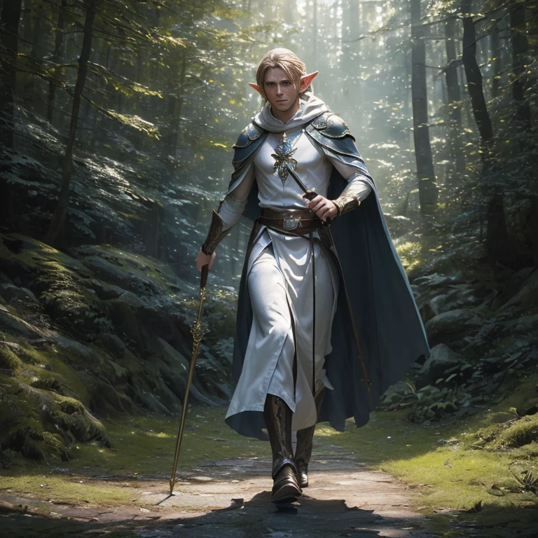 (master piece:1.5), (best quality:1.5), (exquisite lighting and shadow, highly dramatic picture, cinematic lens effect) (Photorealistic picture) (Card game image) 8k, wallpaper, dynamic pose, an elf wizard wearing a white tunic, holding a large staff, blue magic behind, wooden castle forest background, highly detailed, realistic, cinematic lighting, studio quality
