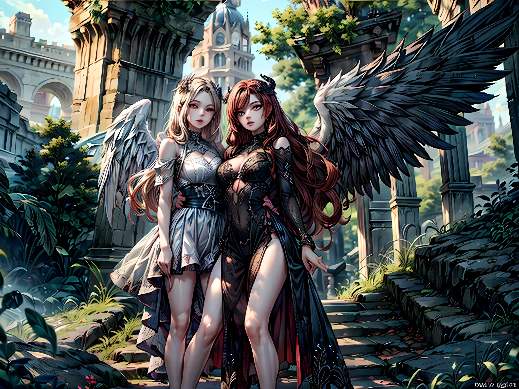 fantasy art, RPG art [[a picture of 2 women]], , a female angel (Masterpiece, 1.3, intricate details), wearing dress, pale skin, best details beautiful face (Masterpiece, 1.3, intricate details), blond hair, long hair wavy hair (Masterpiece, 1.3, intricate details), blue eyes, high heeled boots, wearing a dress (Masterpiece: 1.3, intricate details), large angelic wings, white angel_wings spread [AND] a female demon (Masterpiece, 1.3, intricate details), demon, red skin (Masterpiece, 1.3, intricate details), demon_wings, black demonic wings spread, demonic horns (Masterpiece, 1.3), red skin (Masterpiece, 1.3), black hair, red eyes, best details beautiful face (Masterpiece, 1.3, intricate details), wearing a dress (Masterpiece: 1.3, intricate details), high heels, in the border between heaven and hell, moon, stars, clouds, god rays, soft natural light silhouette, dynamic angle, photorealism, panoramic view (Masterpiece 1.3, intense details) , Wide-Angle, Ultra-Wide