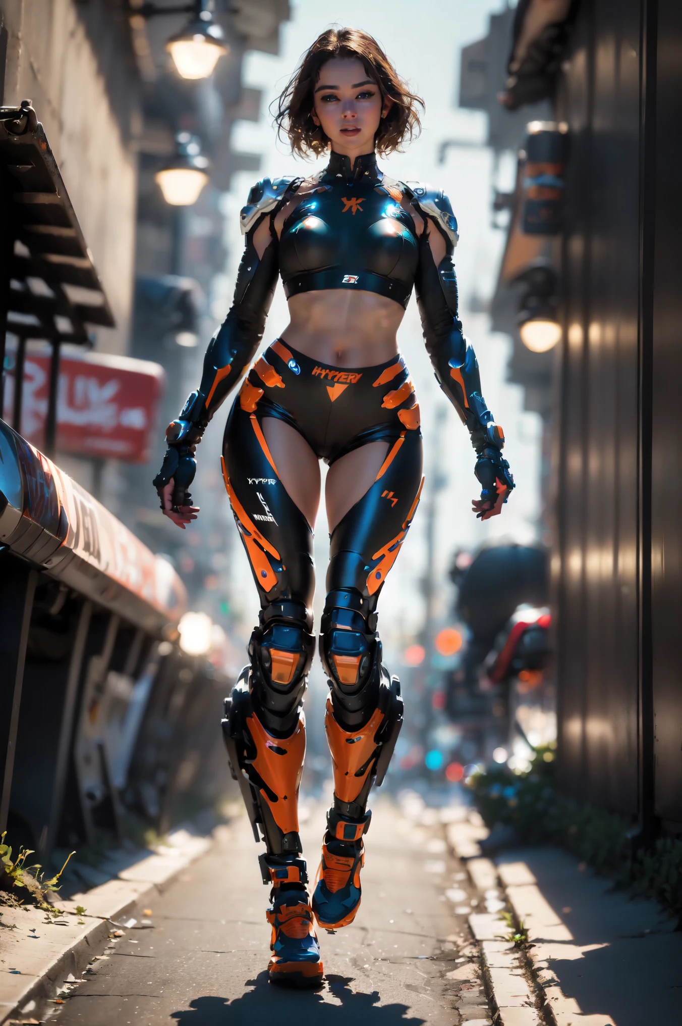 Street, motorcycle, full body shot, wharf scene, a beautiful young cyborg woman riding a KTM 450 motocross motorcycle, glamorous shape, shoulder-length, beautiful shiny smooth, light brown hair, (Best quality, 4K, 8k, A high resolution, masterpiece:1.2), absurdity, masterpiece, ultra detailed, (realistic, photorealistic, photorealistic:1.37), complex parts, HDR, (complex parts:1.12), (hyper detailed, hyper realistic, Soft lighting, spicy:1.2), beautiful figure, Magnificent Anatomy, (complex part, Hyper detailed:1.15), Smooth skin,