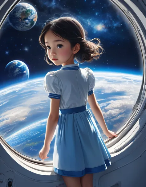 There was a girl about 10 years old standing at the window of the spaceship.。She sees the Earth for the first time、My eyes spark...