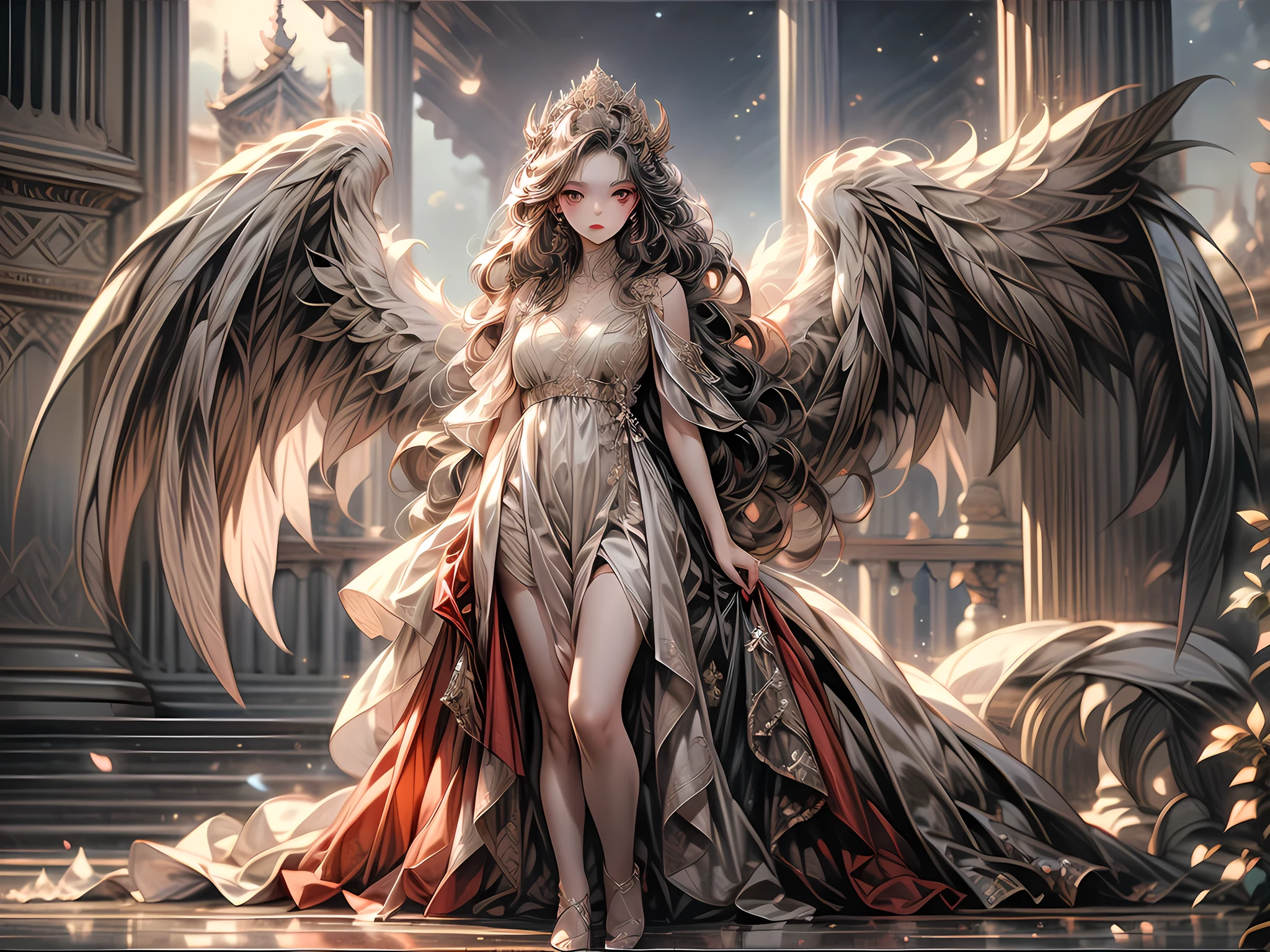 fantasy art, RPG art [[a picture of 2 women]], , a female angel (Masterpiece, 1.3, intricate details), wearing dress, pale skin, best details beautiful face (Masterpiece, 1.3, intricate details), blond hair, long hair wavy hair (Masterpiece, 1.3, intricate details), blue eyes, high heeled boots, wearing a dress (Masterpiece: 1.3, intricate details), large angelic wings, white angel_wings spread [AND] a female demon (Masterpiece, 1.3, intricate details), demon, red skin (Masterpiece, 1.3, intricate details), demon_wings, black demonic wings spread, demonic horns (Masterpiece, 1.3), red skin (Masterpiece, 1.3), black hair, red eyes, best details beautiful face (Masterpiece, 1.3, intricate details), wearing a dress (Masterpiece: 1.3, intricate details), high heels, in the border between heaven and hell, moon, stars, clouds, god rays, soft natural light silhouette, dynamic angle, photorealism, panoramic view (Masterpiece 1.3, intense details) , Wide-Angle, Ultra-Wide