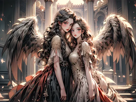 fantasy art, RPG art [[a picture of 2 women]], , a female angel (Masterpiece, 1.3, intricate details), wearing dress, pale skin,...