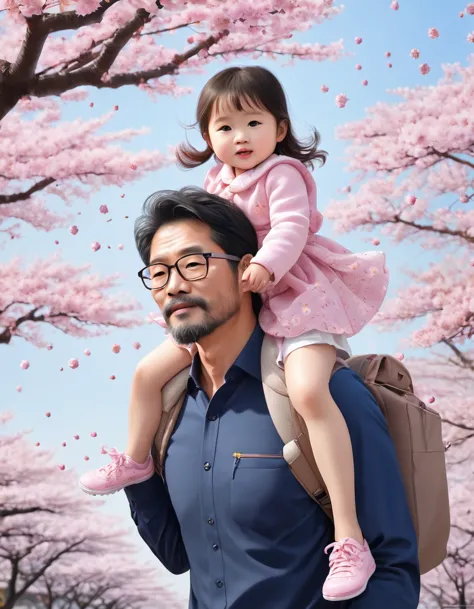 With the coming of spring、As cherry blossom petals flutter、A father is seen carrying his three-year-old daughter on his shoulder...