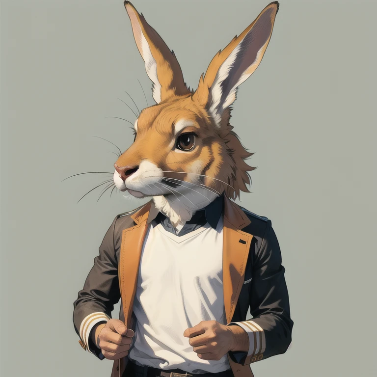 anthropomorphic hare, solo, (simple background:1.3), upper body, best quality, masterpiece,  