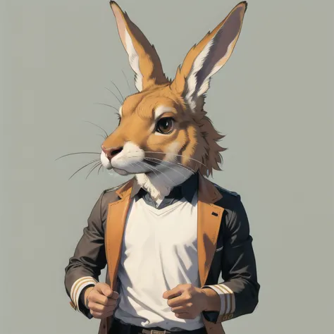 anthropomorphic hare, solo, (simple background:1.3), upper body, best quality, masterpiece,