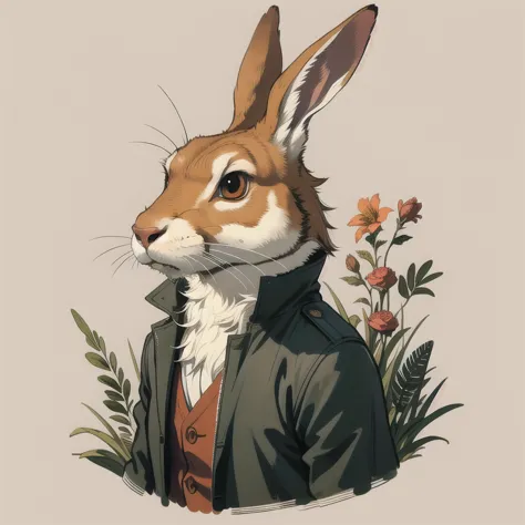 anthropomorphic hare, solo, (simple background:1.3), upper body, best quality, masterpiece,  