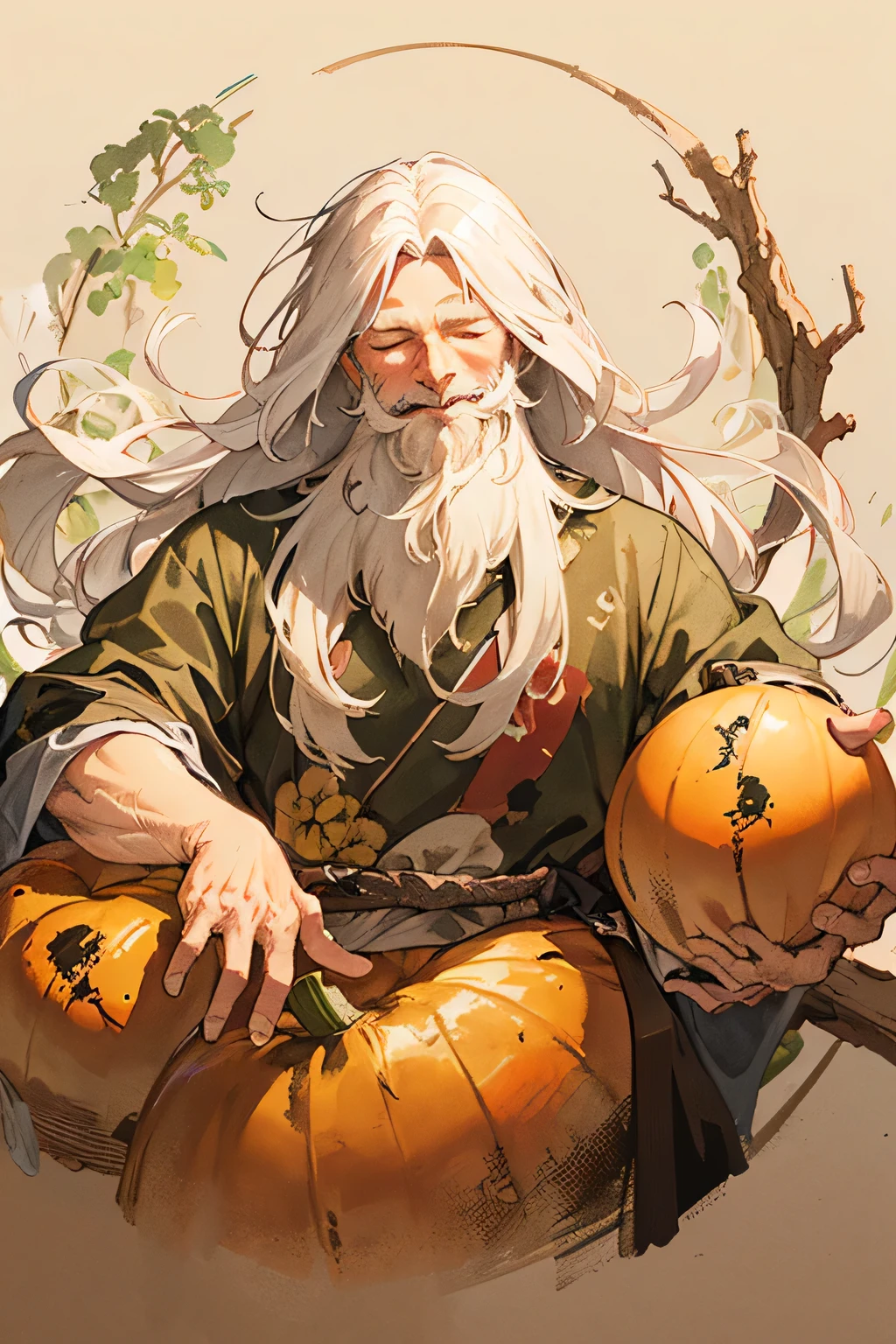  (detailed old vagabond with long white hair and white beard:1.3), closed eyes, tender smile, thin body, very old Tattered shabby oriental cloth), (ink painting style:1.1), sepia color, dynamic angle, sake in gourd