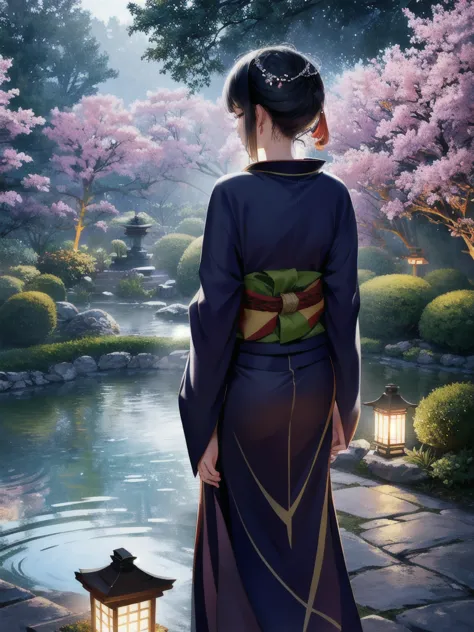 the japanese garden as night falls、the illumination transforms the area into a mysterious world.。there、one woman appears。her kim...