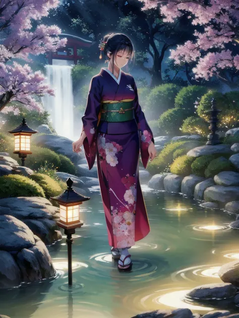 the japanese garden as night falls、the illumination transforms the area into a mysterious world.。there、one woman appears。her kim...