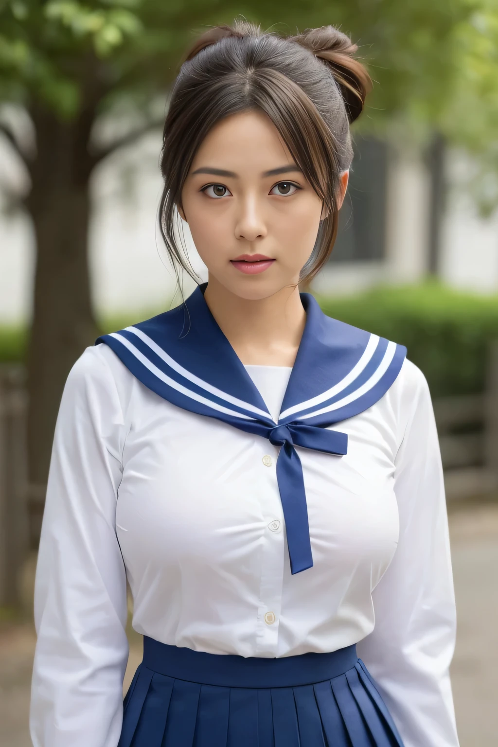 (highest quality,8k,High resolution:1.2),(Beautiful and realistic Japanese figures:1.6)、(Cute Japanese Girl:1.4),(Huge breasts:1.25),(Attractive body),(school uniform,Pleated skirt,Sailor collar,White shirt:1.2)、17 years old、double eyelid、Clear black eyes、Professional photography、(My dear woman、The joy of loving、Heartbeat)、Run Hurry、Embankment、Rivers、Put your hair up,Sweat、gravure、