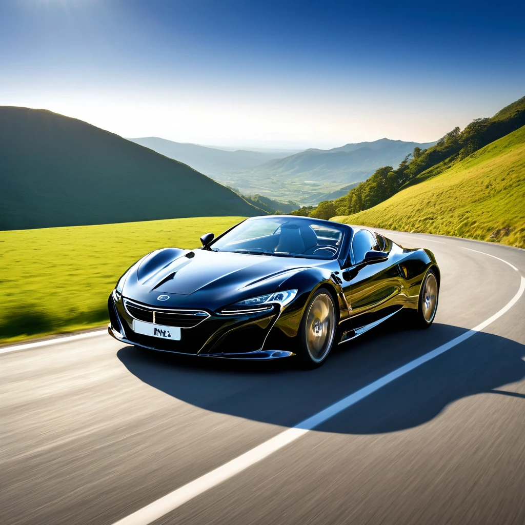 The image depicts a sleek, black sports car driving on a winding mountain road. The car is positioned in the foreground, with its front facing the camera, showcasing its aerodynamic design and the distinctive emblem on the grille. The road curves gently to the left, and the car appears to be in motion, suggesting a sense of speed and adventure.

The background features a picturesque landscape with rolling hills and mountains under a clear sky. The sun is low on the horizon, indicating either sunrise or sunset, which adds a warm, golden hue to the scene. The lighting creates a dramatic contrast between the shadows and the illuminated areas, highlighting the contours of the car and the natural beauty of the surroundings.

The overall composition of the image conveys a sense of freedom and exhilaration associated with driving a high-performance vehicle in a scenic, open environment. The image could be used for promotional purposes, such as advertising the car or a driving experience, or it could be part of a lifestyle or travel-related content.