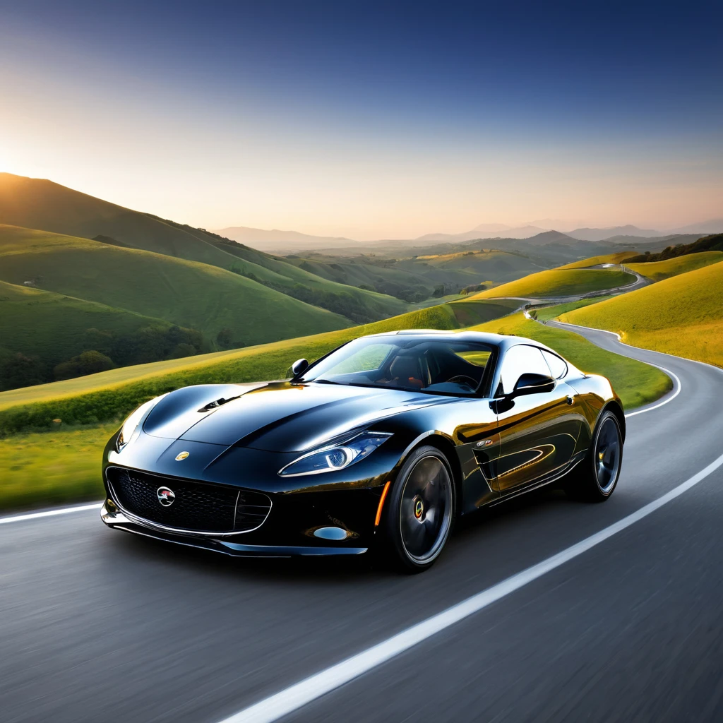 The image depicts a sleek, black sports car driving on a winding mountain road. The car is positioned in the foreground, with its front facing the camera, showcasing its aerodynamic design and the distinctive emblem on the grille. The road curves gently to the left, and the car appears to be in motion, suggesting a sense of speed and adventure.

The background features a picturesque landscape with rolling hills and mountains under a clear sky. The sun is low on the horizon, indicating either sunrise or sunset, which adds a warm, golden hue to the scene. The lighting creates a dramatic contrast between the shadows and the illuminated areas, highlighting the contours of the car and the natural beauty of the surroundings.

The overall composition of the image conveys a sense of freedom and exhilaration associated with driving a high-performance vehicle in a scenic, open environment. The image could be used for promotional purposes, such as advertising the car or a driving experience, or it could be part of a lifestyle or travel-related content.