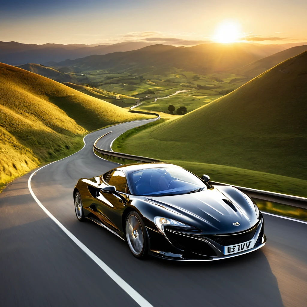 The image depicts a sleek, black sports car driving on a winding mountain road. The car is positioned in the foreground, with its front facing the camera, showcasing its aerodynamic design and the distinctive emblem on the grille. The road curves gently to the left, and the car appears to be in motion, suggesting a sense of speed and adventure.

The background features a picturesque landscape with rolling hills and mountains under a clear sky. The sun is low on the horizon, indicating either sunrise or sunset, which adds a warm, golden hue to the scene. The lighting creates a dramatic contrast between the shadows and the illuminated areas, highlighting the contours of the car and the natural beauty of the surroundings.

The overall composition of the image conveys a sense of freedom and exhilaration associated with driving a high-performance vehicle in a scenic, open environment. The image could be used for promotional purposes, such as advertising the car or a driving experience, or it could be part of a lifestyle or travel-related content.