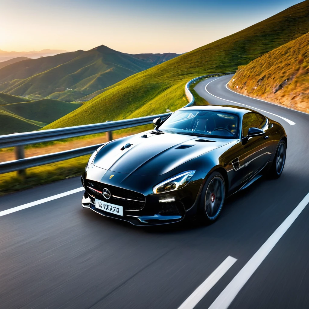 The image depicts a sleek, black sports car driving on a winding mountain road. The car is positioned in the foreground, with its front facing the camera, showcasing its aerodynamic design and the distinctive emblem on the grille. The road curves gently to the left, and the car appears to be in motion, suggesting a sense of speed and adventure.

The background features a picturesque landscape with rolling hills and mountains under a clear sky. The sun is low on the horizon, indicating either sunrise or sunset, which adds a warm, golden hue to the scene. The lighting creates a dramatic contrast between the shadows and the illuminated areas, highlighting the contours of the car and the natural beauty of the surroundings.

The overall composition of the image conveys a sense of freedom and exhilaration associated with driving a high-performance vehicle in a scenic, open environment. The image could be used for promotional purposes, such as advertising the car or a driving experience, or it could be part of a lifestyle or travel-related content.