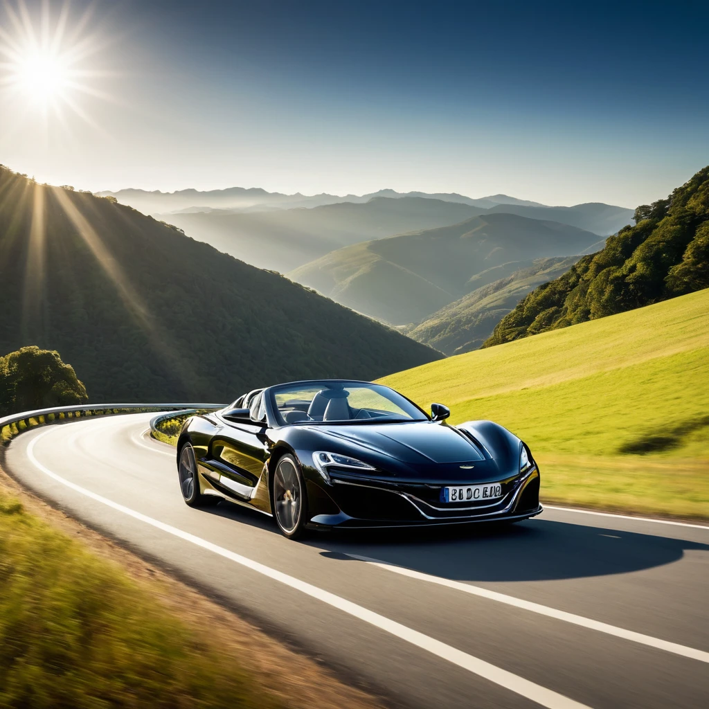 The image depicts a sleek, black sports car driving on a winding mountain road. The car is positioned in the foreground, with its front facing the camera, showcasing its aerodynamic design and the distinctive emblem on the grille. The road curves gently to the left, and the car appears to be in motion, suggesting a sense of speed and adventure.

The background features a picturesque landscape with rolling hills and mountains under a clear sky. The sun is low on the horizon, indicating either sunrise or sunset, which adds a warm, golden hue to the scene. The lighting creates a dramatic contrast between the shadows and the illuminated areas, highlighting the contours of the car and the natural beauty of the surroundings.

The overall composition of the image conveys a sense of freedom and exhilaration associated with driving a high-performance vehicle in a scenic, open environment. The image could be used for promotional purposes, such as advertising the car or a driving experience, or it could be part of a lifestyle or travel-related content.