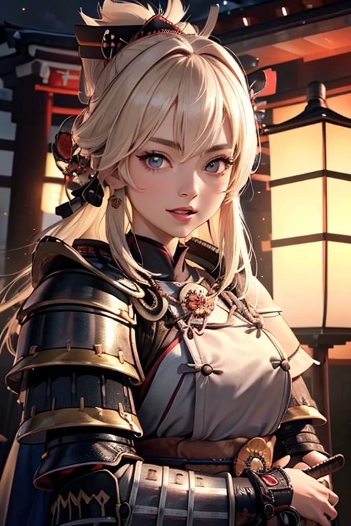 Very detailed CG Unity 8K wallpaper, Cute One lady, Mature Hair、lady ,beautiful lady, pale skin (Super masterpiece, Beautiful person, well detailed face polluted smile, Photorealistic, hyper realisitic), 
(Japan Samurai full Armor:1.5)、(samurai:1.5)、smile、
Japanese background、Portrait、
(middle breast :0.7)、(Glowing Skin:1.3)、
Detailed eyes、Big eyes、Open your mouth、Hide your arms、
Blonde、Light blue glowing eyes、Pink Lips、Open your mouth
