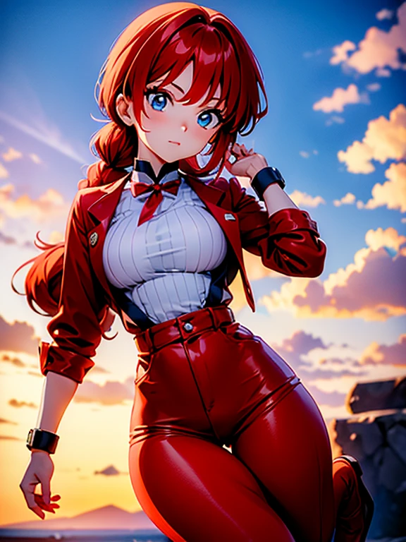 Garota anime ruiva vestindo veste en cuir rouge et pantalon en cuir bleu, 16 ans, beau corps, bottes noires, bottes en cuir chaussures, gros seins, avec une main sur ta taille et l&#39;autre sur tes lèvres, main sur la hanche, main avec le doigt sur la lèvre, doigt sur la bouche, chica sexy, red cheveux tressés, Bel éclairage, ombres douces, yeux bleus, belles jambes, cheveux tressés, style animé, Ranma Chan, Autora Rumiko Takahashi, D&#39;après l&#39;œuvre de Rumiko Takahashi, Anime Ranma 1/2, gros seins, décoration sexy, hanche robuste, tout le corps, tout le corps, Beaux seins, jeune fille avec un beau et beau corps, bottes noires, bottes en cuir chaussures, veste en cuir rouge et pantalon en cuir bleu, chemise blanche sous la veste