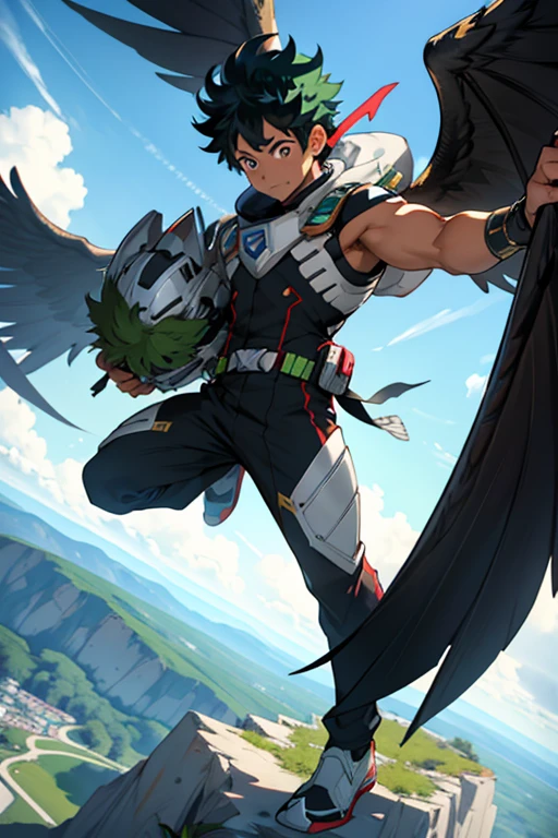 Izuku&#39;s hero suit is designed to maximize mobility and endurance in flight. It is made of a strong but lightweight material that allows it to move easily while flying at high speeds.. The suit has a streamlined design with blue and white colors that represent the nature of the harpy eagle.

El traje tiene alas desplegables que se extienden desde la espalda de Izuku, allowing you to fly with ease and maneuver in the air effectively. The wings are equipped with thrusters that increase their speed in the air. Besides, The suit features retractable claws on his hands and feet that allow him to cling to surfaces and attack his enemies more effectively..

El casco del traje tiene una visera que protege sus ojos de la velocidad y del viento mientras vuela, and is also equipped with headphones that improve your hearing ability. En general, Izuku&#39;s hero suit is designed to enhance his abilities as a hero and make him more effective in aerial combat..